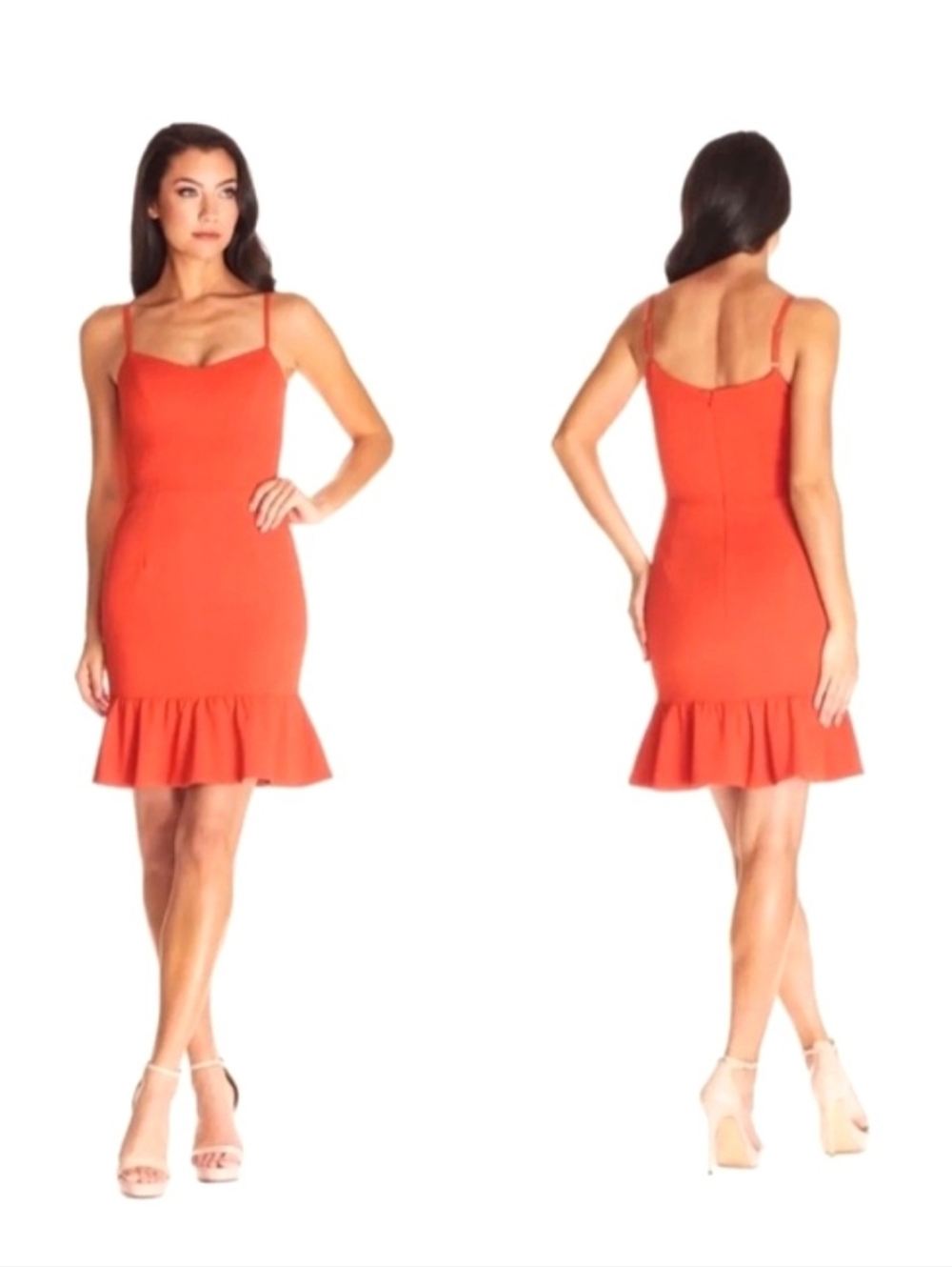 Dress the Population Coral Spaghetti-Strap Ruffle-Hem Mini Dress